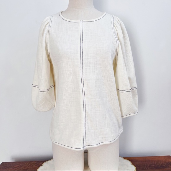 Anthropologie White 3/4 Puff Sleeve Light Cotton Blend Top Blouse Sz XS - Picture 2 of 13